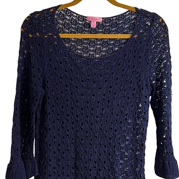 Lilly Pulitzer Shauna Tunic Crochet Shift Dress Swim Cover Up S Navy Blue - Picture 6 of 7